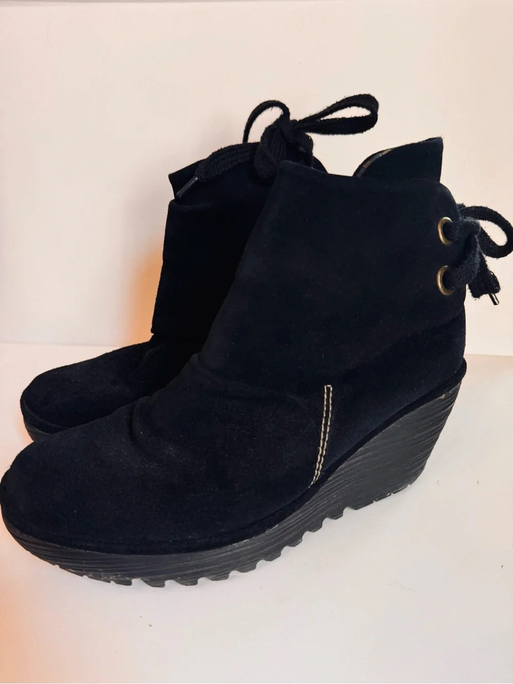 Fly London Black Suede Wedge Ankle Booties with Back Tie